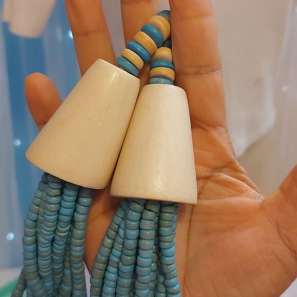 Vintage Exotic Boho Tribal Blue White Wiod Beads Statement Necklace - Picture 6 of 7